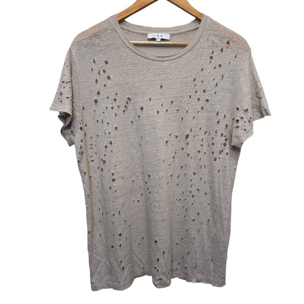 IRO Womens Sija Linen T-Shirt S Oversized Beige Distressed Neutral Edgy Grunge
